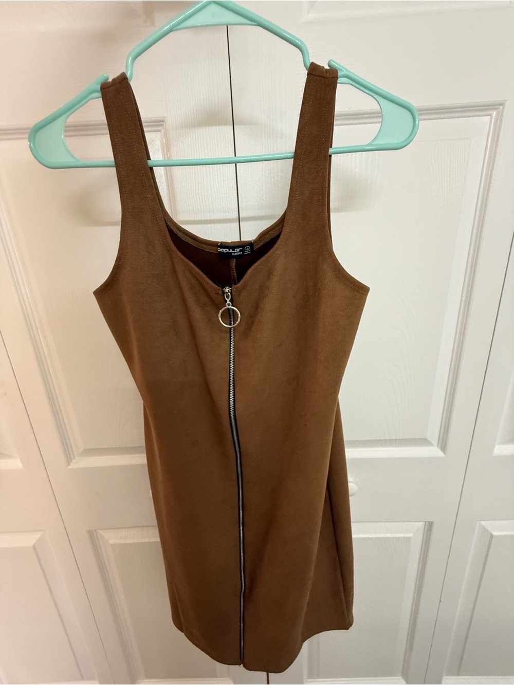 Popular Basics Brown Suede-Look Mini Dress with Front Zip
